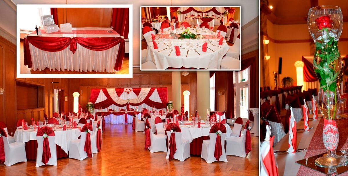 Hochzeitsdekoration in Rot-Weiß: runde Tische, Brauttisch und Glasvase mit Rose