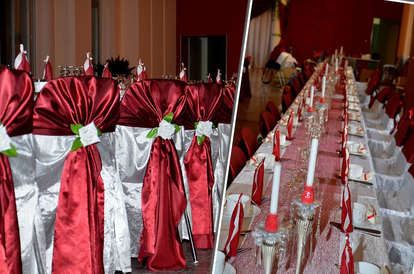 Stuhlhussen mit Bordeaux-Schleifen und festlich gedeckte Tafel mit Kerzen
