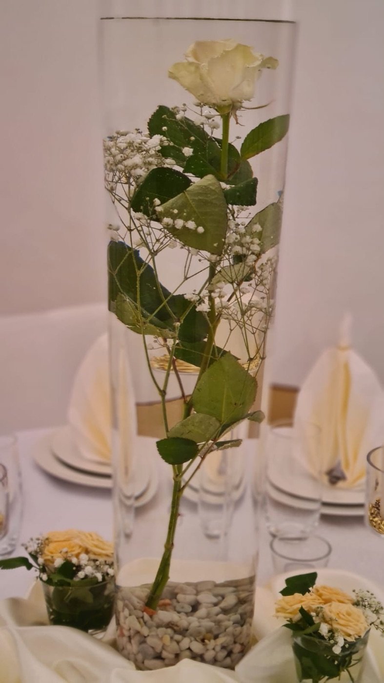 Hohe Zylindervase mit eingelegter weißer Rose und Schleierkraut